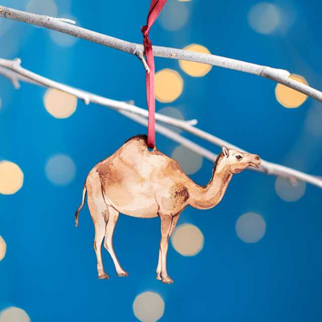 Camel Christmas Tree Decoration, Birch Plywood Ornament, Animal Lover Gift, Festive Watercolour Art, Traditional Keepsake - image 1