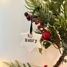 Personalised Star Christmas Tree Decoration Ornament, Handmade Clay Bauble - thumbnail 1