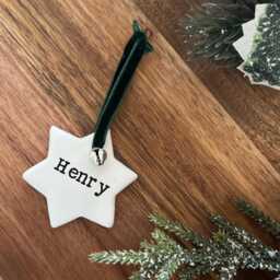 Personalised Star Christmas Tree Decoration Ornament, Handmade Clay Bauble - thumbnail 2