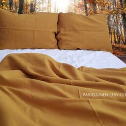 Mustard Linen Bedding Set - 2 Pillowcases & Duvet Cover Organic Bedding Full Size King Queen - thumbnail 4