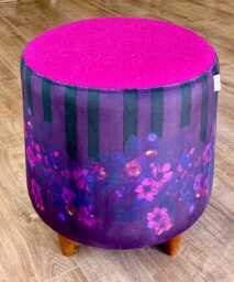 stripes in Bloom Velvet & Fuchsia Harris Tweed Footstool With Mini Dark Wooden Feet