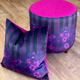 stripes in Bloom Velvet & Fuchsia Harris Tweed Footstool With Mini Dark Wooden Feet - thumbnail 4