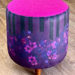 stripes in Bloom Velvet & Fuchsia Harris Tweed Footstool With Mini Dark Wooden Feet - thumbnail 3