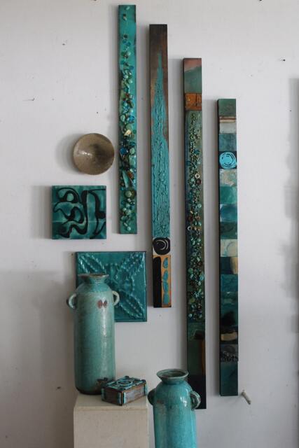 1 Ocean Beach Bluegreen Turquoise Sea Water Totem Pole Panel Stick Collage Seaglass Recycled Metal Abstract Modern Boho Wall Decor Sculpture - image 1