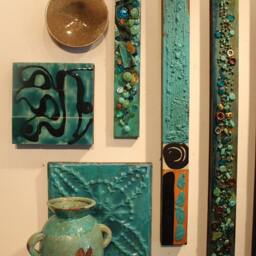 1 Ocean Beach Bluegreen Turquoise Sea Water Totem Pole Panel Stick Collage Seaglass Recycled Metal Abstract Modern Boho Wall Decor Sculpture - thumbnail 2