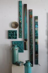 1 Ocean Beach Bluegreen Turquoise Sea Water Totem Pole Panel Stick Collage Seaglass Recycled Metal Abstract Modern Boho Wall Decor Sculpture - thumbnail 1