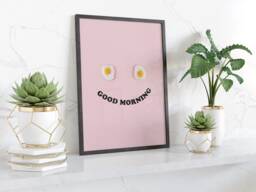Good Morning Egg Face Wall Art Print Pink & Yellow Typography Poster Fun Kitchen Decor For Breakfast Nook Or Bedroom Gift Idea - thumbnail 1
