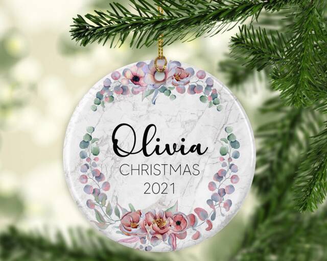 Personalised Baby's First Christmas Ornament Eucalyptus Marble Ceramic Keepsake Or Mdf Acrylic Bauble Disc - image 1