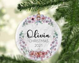 Personalised Baby's First Christmas Ornament Eucalyptus Marble Ceramic Keepsake Or Mdf Acrylic Bauble Disc