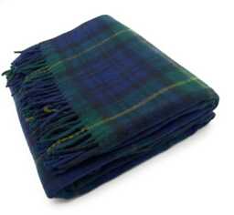Gordon Tartan Wool Knee Blanket, Green & Navy Check Pattern, 185x77cm, Scottish Made, Fringed Edges - thumbnail 1