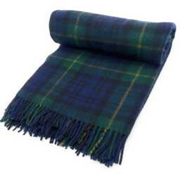 Gordon Tartan Wool Knee Blanket, Green & Navy Check Pattern, 185x77cm, Scottish Made, Fringed Edges - thumbnail 2