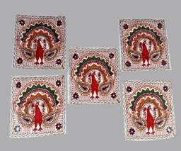 Designer Gujarati Work Decorative Pillow Cover, Cushion Covers - 17 X 17 Inches - Set Of 5 Pcs, Throw Pillow, Cotton Cover Set - thumbnail 1