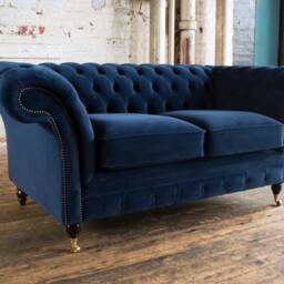 2 Seater Navy Blue Velvet Chesterfield Sofa, British Handmade - thumbnail 3