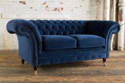 2 Seater Navy Blue Velvet Chesterfield Sofa, British Handmade - thumbnail 1