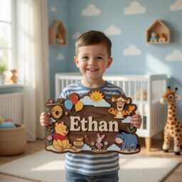 Personalized Winnie The Pooh Nursery Name Sign, 3D Wood Bear Wall Art, Custom Baby Room Decor, & Friends Gift - thumbnail 1