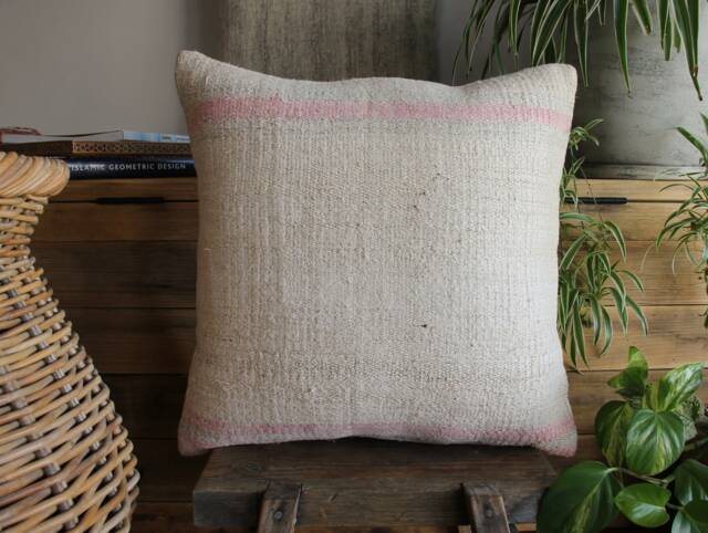 50cm - Or 20 Inches Vintage Kilim Cushion Cover Handwoven - Hemp/Wool/Linen Soft Feel Off White Natural #10 - image 1
