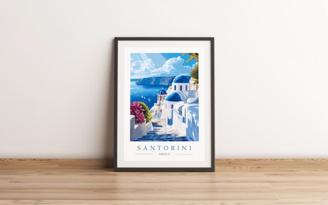 Santorini Travel Poster Print - Greek Island Gift Greece Wall Art Decor - image 1
