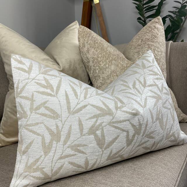 "Designer Cushion Cover , Natural Cream Beige Pillow Leaves Trial - Double Sided Decorative Cushion Pillow Cover 12"" X 20" - image 1