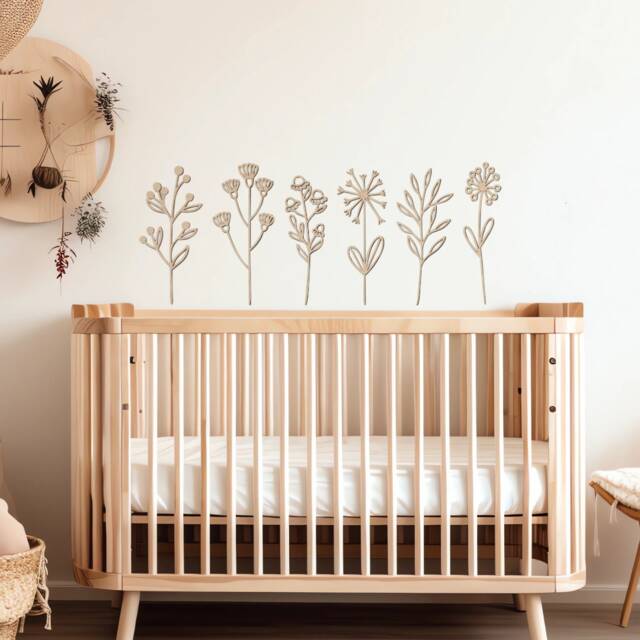 Wooden Flowers - Boho Nursery Flower Decor Wildflower Bedroom Theme Wall Decal Girls - image 1