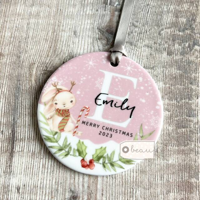 Personalised Merry Christmas Tree Rabbit Gift Bauble Acrylic Or Ceramic Round Ornament Keepsake Decoration - image 1