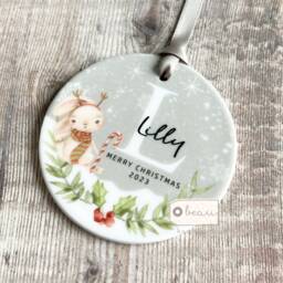 Personalised Merry Christmas Tree Rabbit Gift Bauble Acrylic Or Ceramic Round Ornament Keepsake Decoration - thumbnail 2