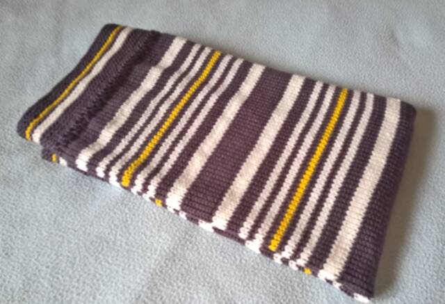 Handmade Knitted Baby Blanket With Slate Gray-Ecru-Mustard Stripes - image 1