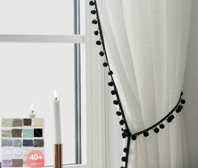 Linen Curtains With Pompom Details, 40+ Linen Fabric Choices, Custom Drapes - image 1