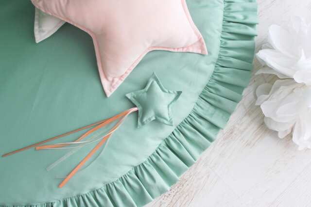 Mint Cotton Round Play Mat With Ruffles, Quilted Nursery Floor Mat, Baby Activity Rug - image 1