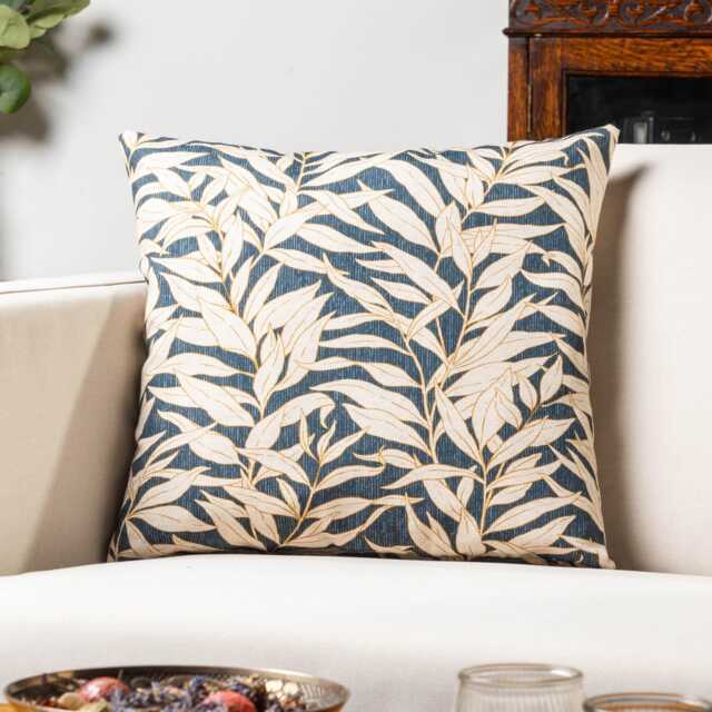 Willow Leaves Cushion Cover in Navy Blue. Organic Linen-Blend Fabric. Botanical Nature-Inspired Print. 17x17 - image 1