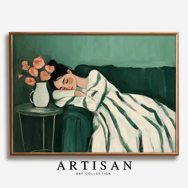 Cozy Girl Wall Art Print - Woman Sleeping Poster Calm Green Aesthetic Decor Minimalist Bedroom Modern Lounge Illustration - image 1