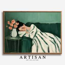 Cozy Girl Wall Art Print - Woman Sleeping Poster Calm Green Aesthetic Decor Minimalist Bedroom Modern Lounge Illustration - thumbnail 1
