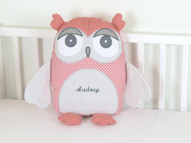 Decorative Owl, Gray & Coral Owl Pillow, Grey Baby Shower Decor, Nursery, Personalized - image 1