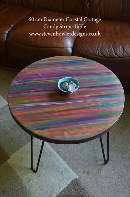 Multi Coloured Old Boat Wood Style Coastal Cottage Coffee Table Candy Stripe Colours 50 cm Diameter + 4 X 16 - image 1