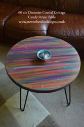Multi Coloured Old Boat Wood Style Coastal Cottage Coffee Table Candy Stripe Colours 50 cm Diameter + 4 X 16