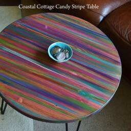 Multi Coloured Old Boat Wood Style Coastal Cottage Coffee Table Candy Stripe Colours 50 cm Diameter + 4 X 16 - thumbnail 4