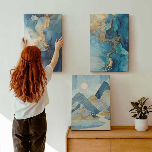 Canvas Art Set Of 3 - Blue Mountains With Pattern Elements, Photo Print, Abstract Wall Decor - image 1