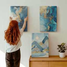 Canvas Art Set Of 3 - Blue Mountains With Pattern Elements, Photo Print, Abstract Wall Decor - thumbnail 1