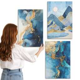 Canvas Art Set Of 3 - Blue Mountains With Pattern Elements, Photo Print, Abstract Wall Decor - thumbnail 3