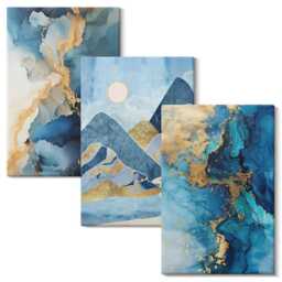 Canvas Art Set Of 3 - Blue Mountains With Pattern Elements, Photo Print, Abstract Wall Decor - thumbnail 2