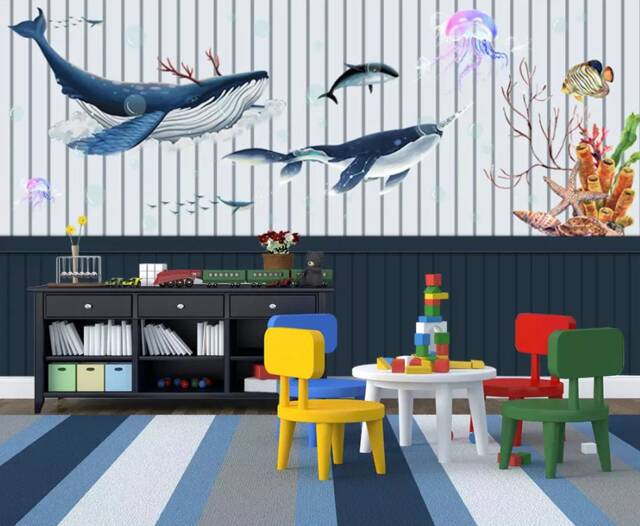 3D Whale Jellyfish Wall Mural, Kids Room Decor, Peel & Stick Wallpaper - image 1