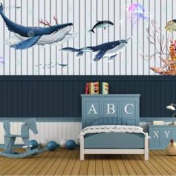 3D Whale Jellyfish Wall Mural, Kids Room Decor, Peel & Stick Wallpaper - thumbnail 3