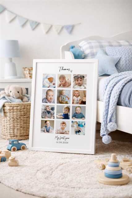 Baby First Year Photo Collage, Personalised 12 Pictures, Baby's 1st Year Photo Print Frame , Custom Baby Gift, Nursery Decor, Birthday - image 1
