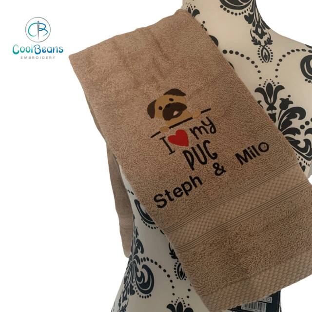 Pug Dog Towel - Personalised Face Cloth/Hand Bath Embroidered - image 1