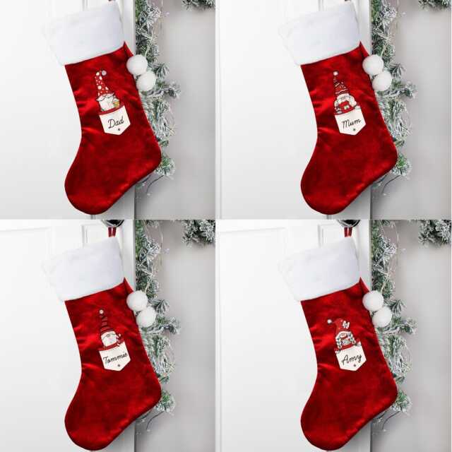 Personalised Gonk Family Red Christmas Stocking - Xmas Gift Red Stocking Personalised Santa - image 1