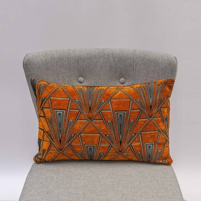 Art Deco Geometric Xl Rectangular Cushion. Luxury Velvet Chenille. Burnt Orange & Silver. Bold 20S 30S Style. 23X15 - image 1