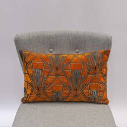 Art Deco Geometric Xl Rectangular Cushion. Luxury Velvet Chenille. Burnt Orange & Silver. Bold 20S 30S Style. 23X15