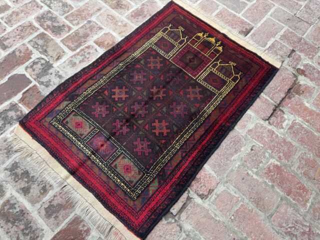 Vintage 2'10x4'1 Prayer Rug, Moroccan Hand-Knotted Wool Area Antique Oriental Baluchi High Pile Faded Turkmen Rug - image 1