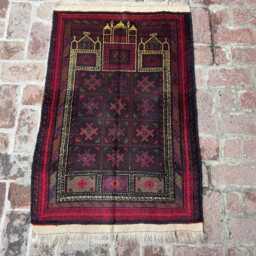 Vintage 2'10x4'1 Prayer Rug, Moroccan Hand-Knotted Wool Area Antique Oriental Baluchi High Pile Faded Turkmen Rug - thumbnail 2