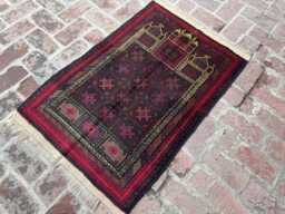 Vintage 2'10x4'1 Prayer Rug, Moroccan Hand-Knotted Wool Area Antique Oriental Baluchi High Pile Faded Turkmen Rug - thumbnail 1