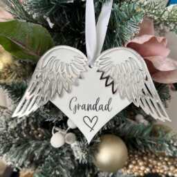 Personalised Memorial Christmas Tree Decoration - Heart Bauble With Angel Wings - thumbnail 1